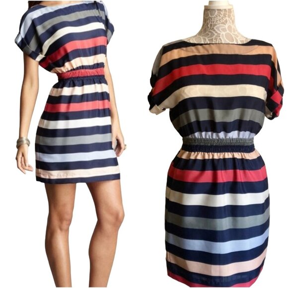 BCBGeneration Keyhole Back Dress Women's Size Small Stripe Smocked Waist Pockets - Picture 1 of 10